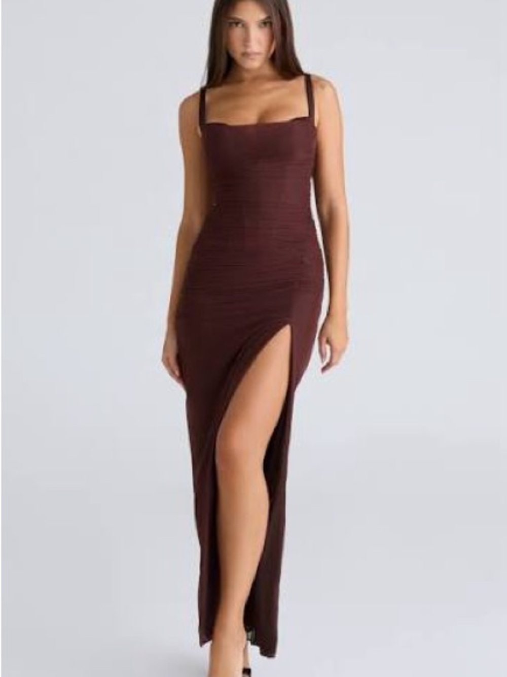House of CB Chocolate Brown High-Slit Maxi Dress xs lini burgundy